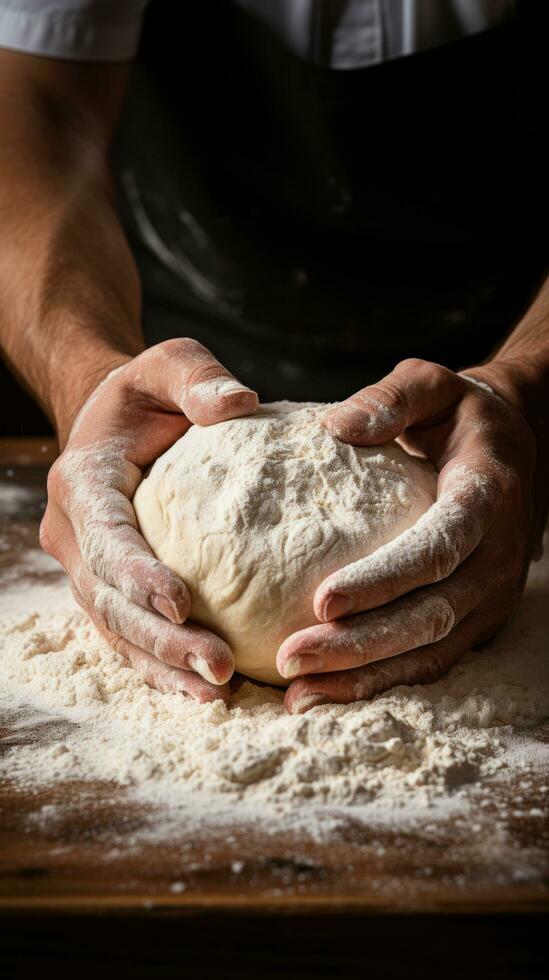 Flour-covered hands forming dough into perfect round shapes photo