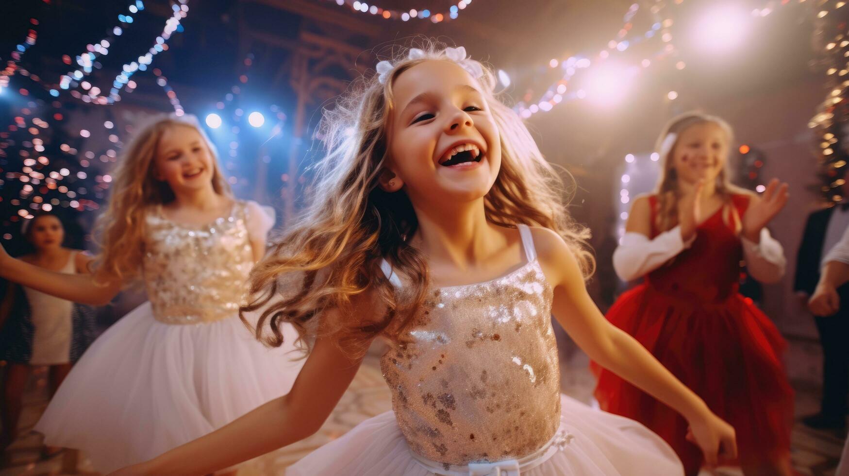 niños danza a Navidad fiesta en luces. contento infancia. foto