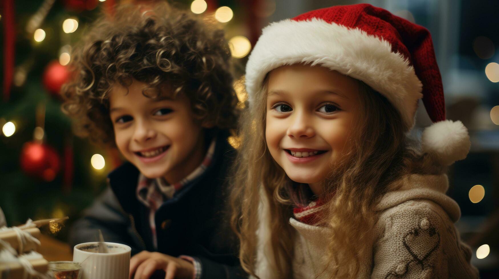 grupo de contento niños con vistoso luces en Navidad antecedentes. foto