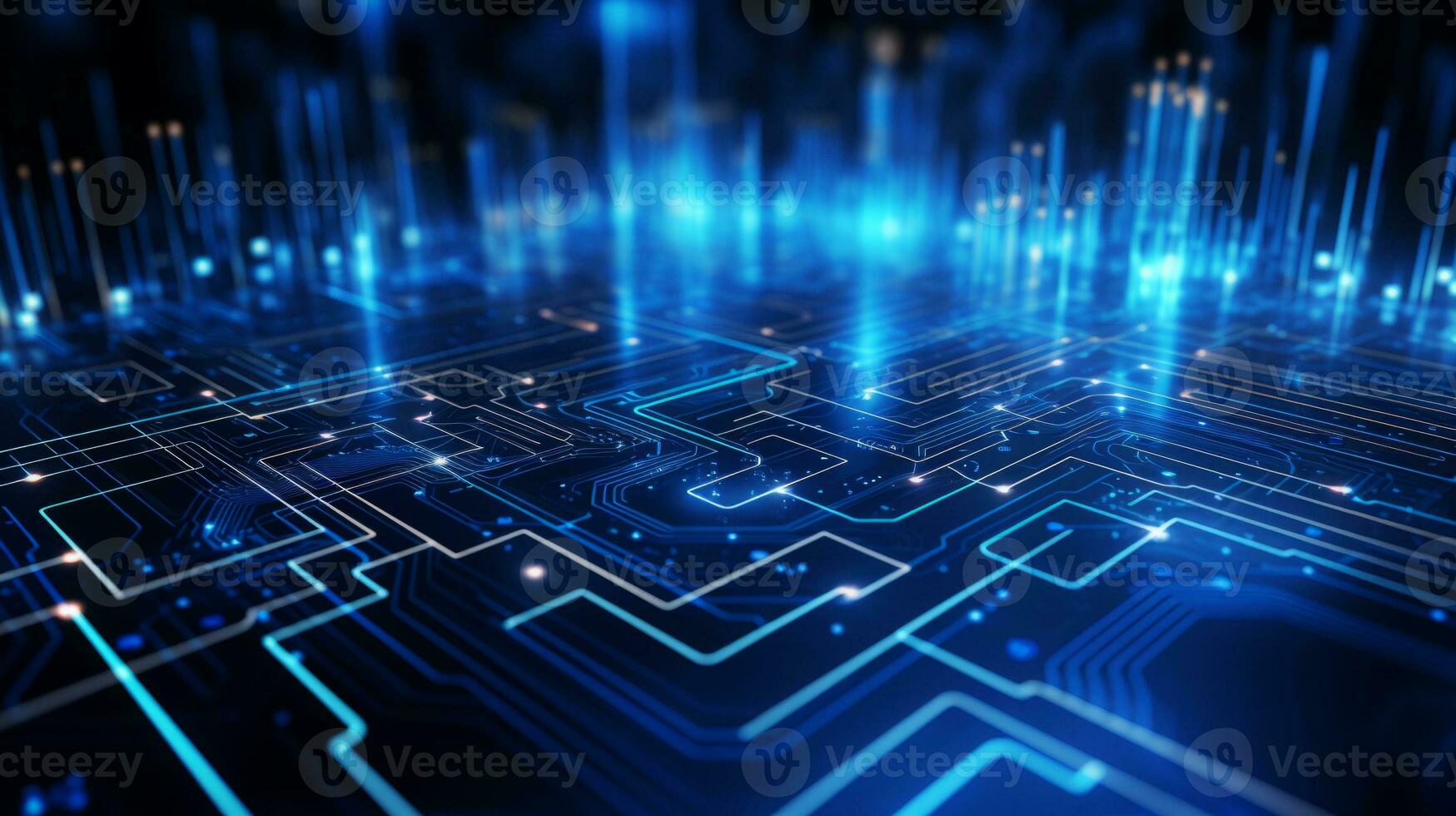 Computer circuit board with blue backlighting. Generative AI photo