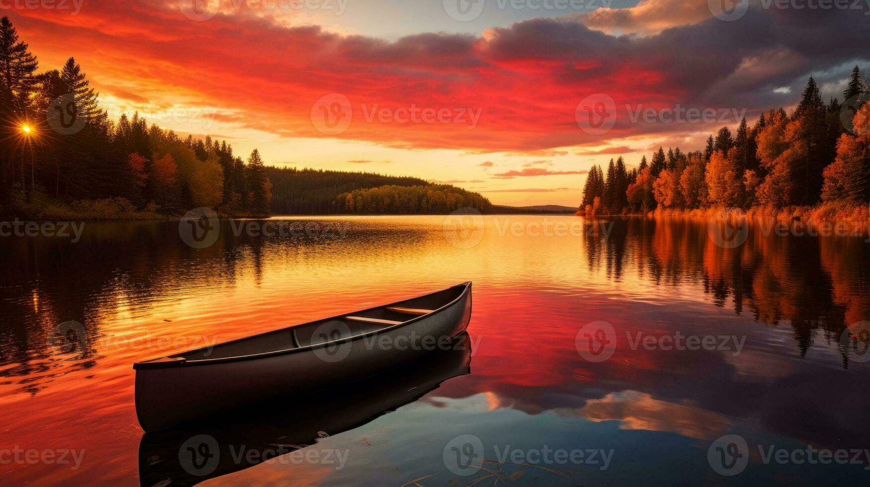 Canoe on the water at sunset. Generative AI photo