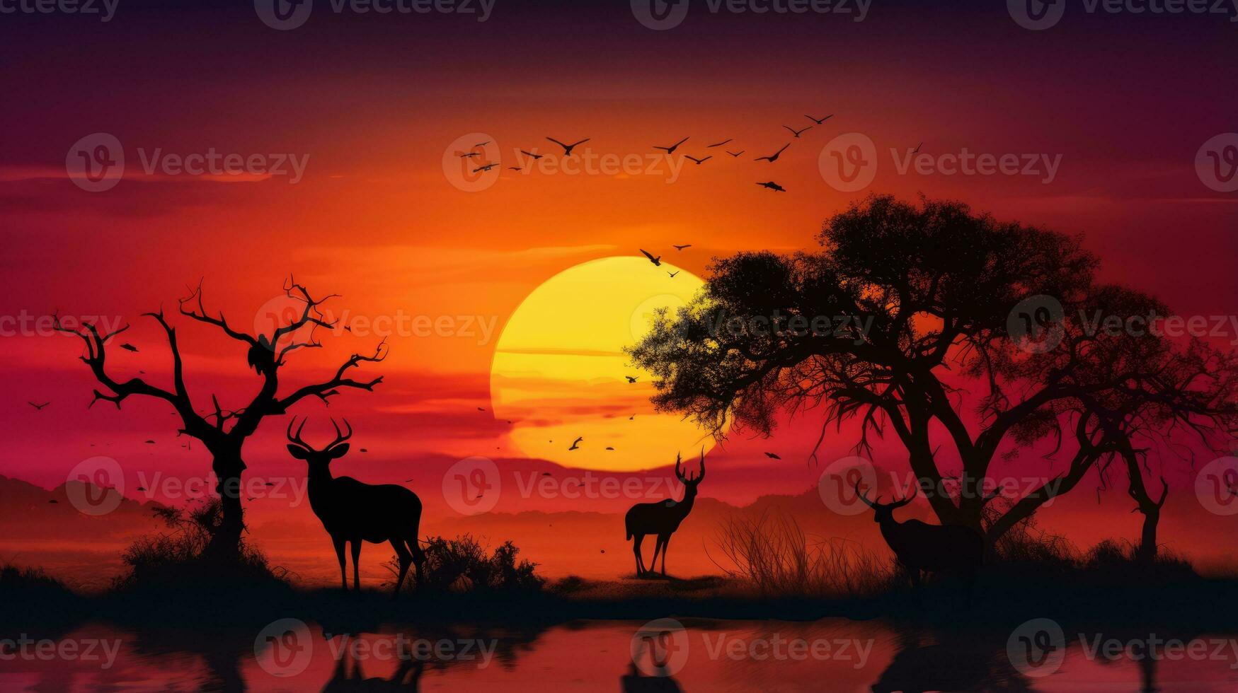 Painting of a sunset with deer in the foreground. Generative AI photo