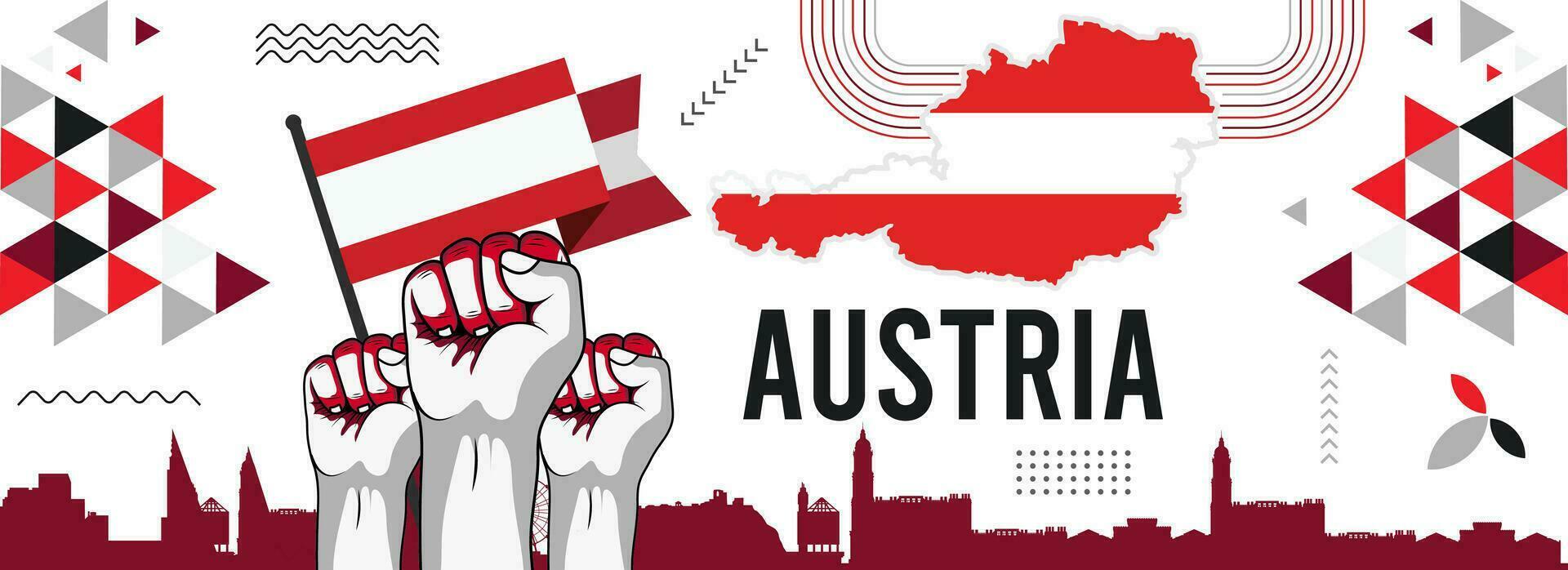 Austria nacional día bandera con mapa, bandera colores tema antecedentes y geométrico resumen retro moderno blanco rojo diseño. vector