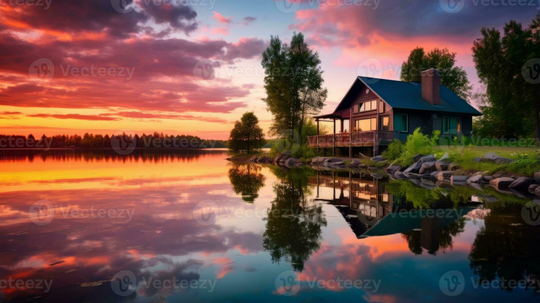 casa sentado en parte superior de un lago siguiente a un bosque. generativo ai foto