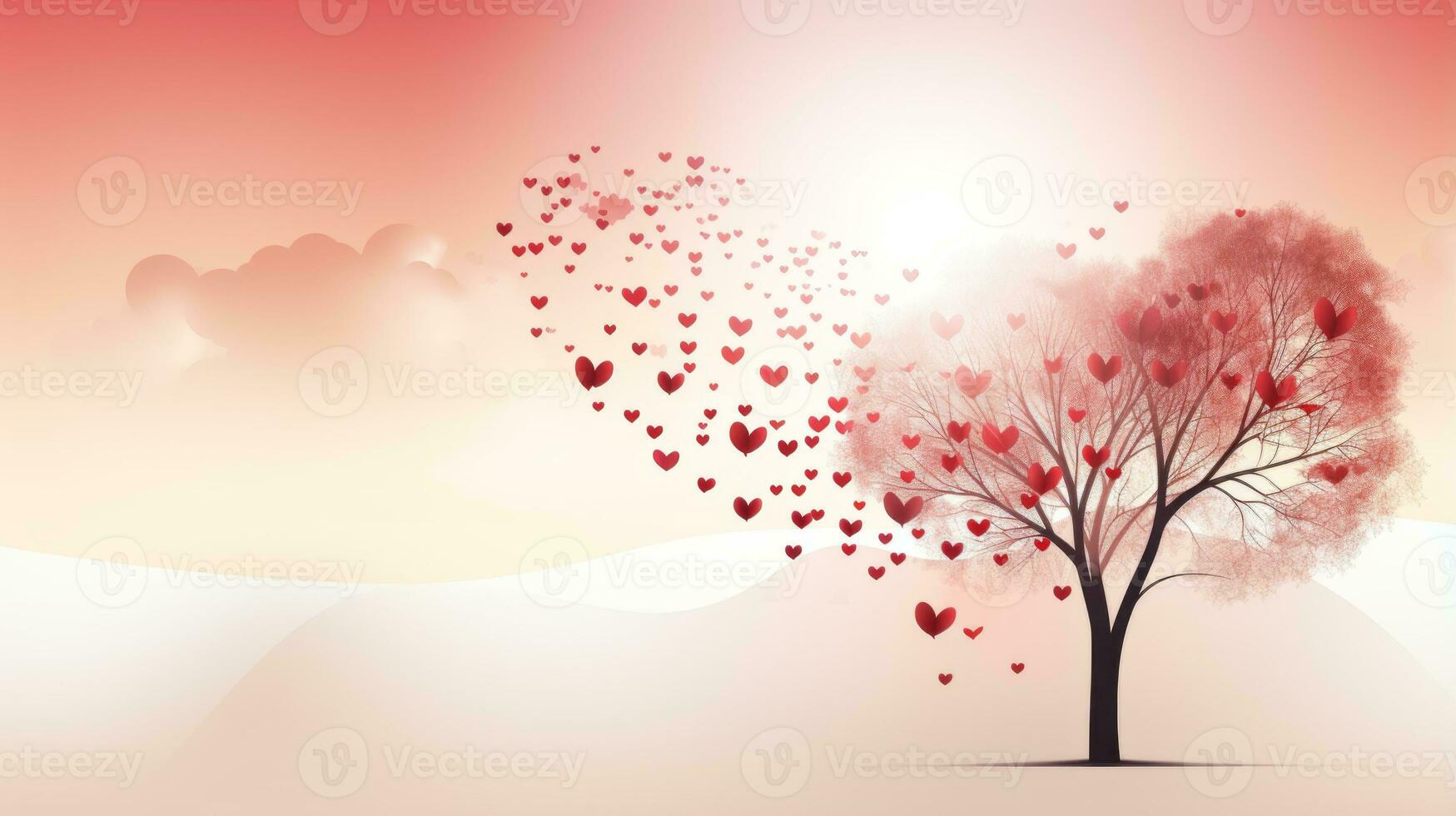 Hearts flying out of a tree. Generative AI photo