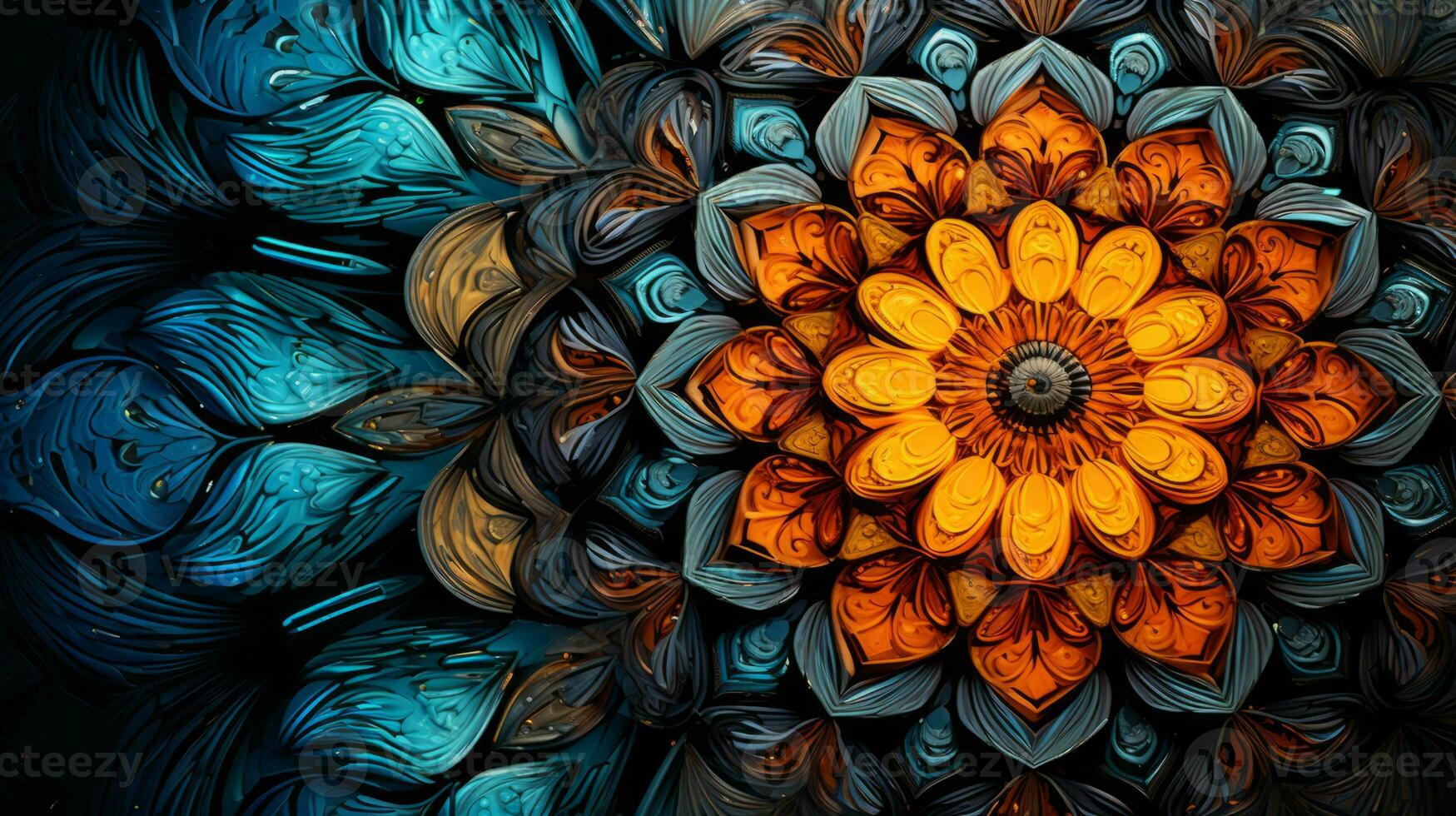 An orange and blue flower on a black background. Generative AI photo