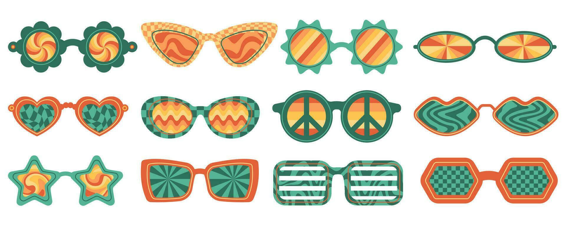 Groovy vector sunglasses. Retro hippy eyewear. Heart star and flower-shaped glasses. 70s funky design. Set of summer outfit