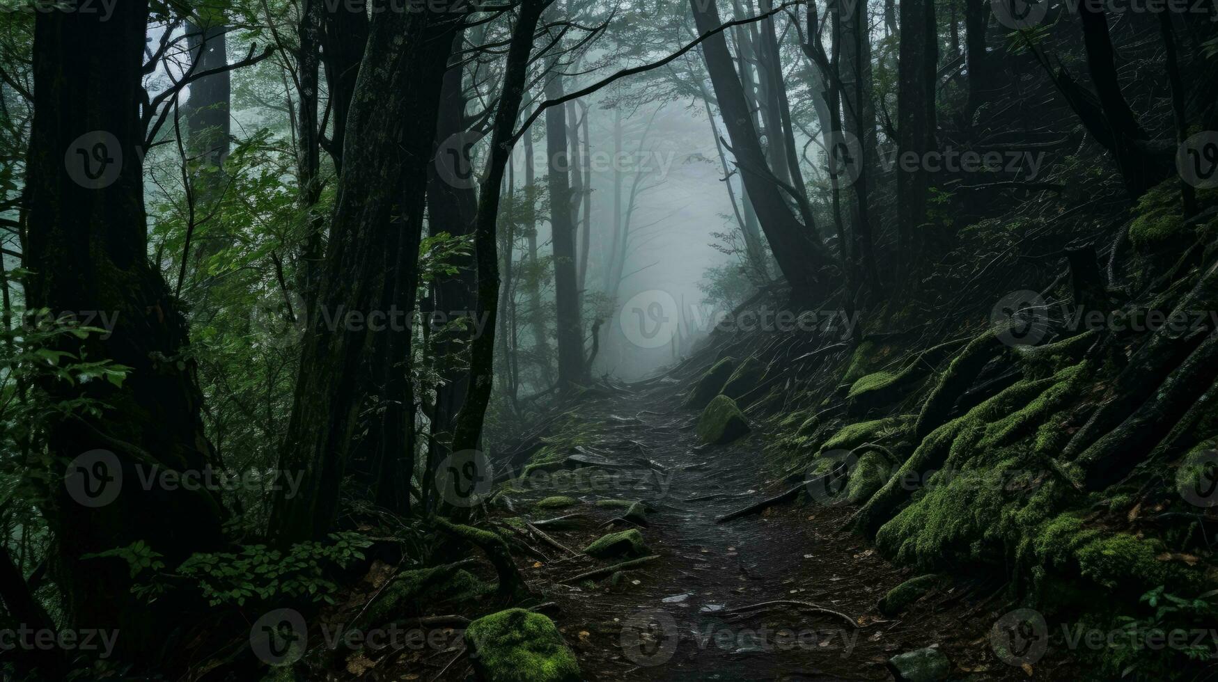 Trail in the middle of a forest covered in fog. Generative AI photo