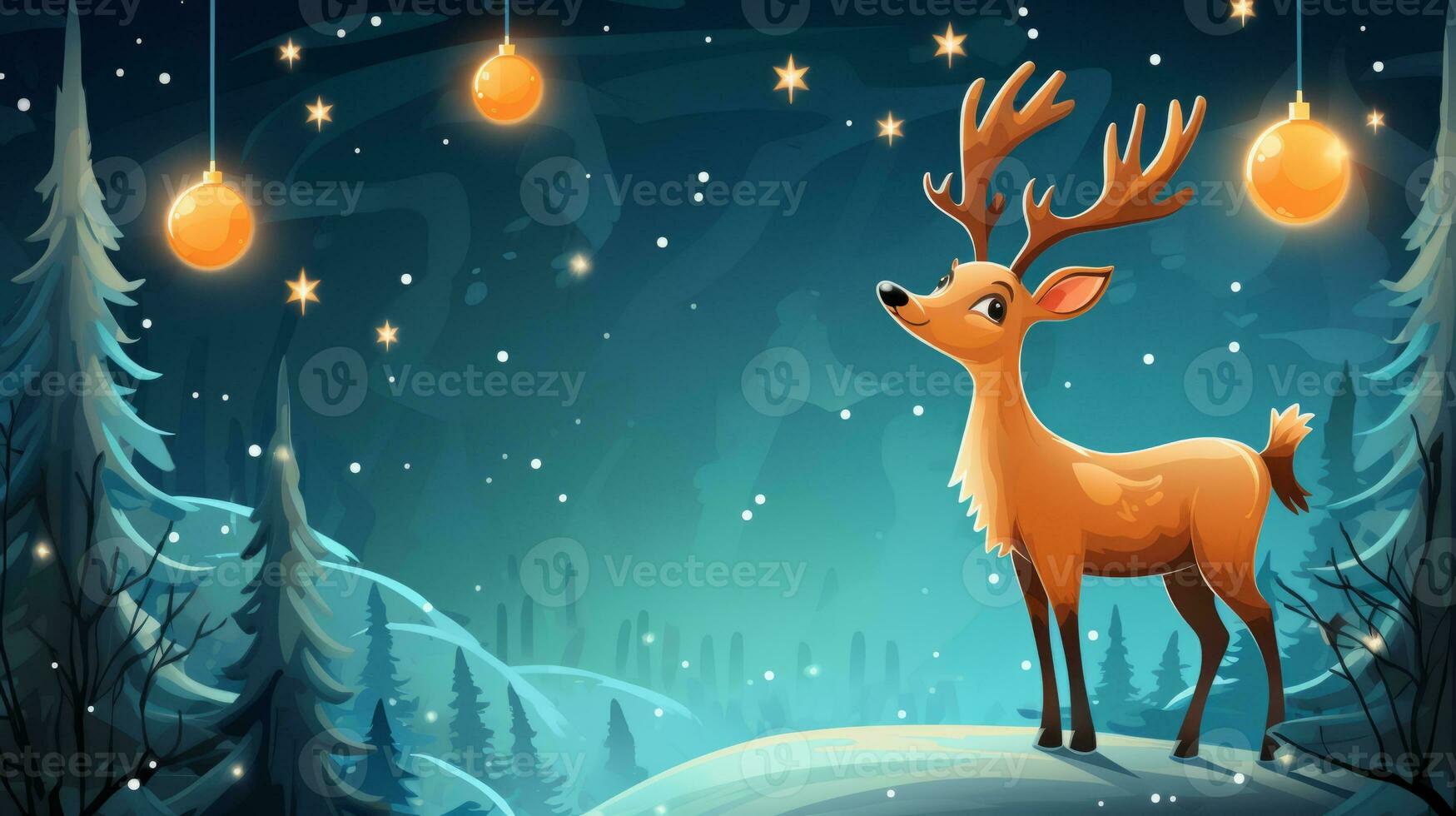 Festive holiday illustration with cartoon reindeer and stars. Generative AI photo