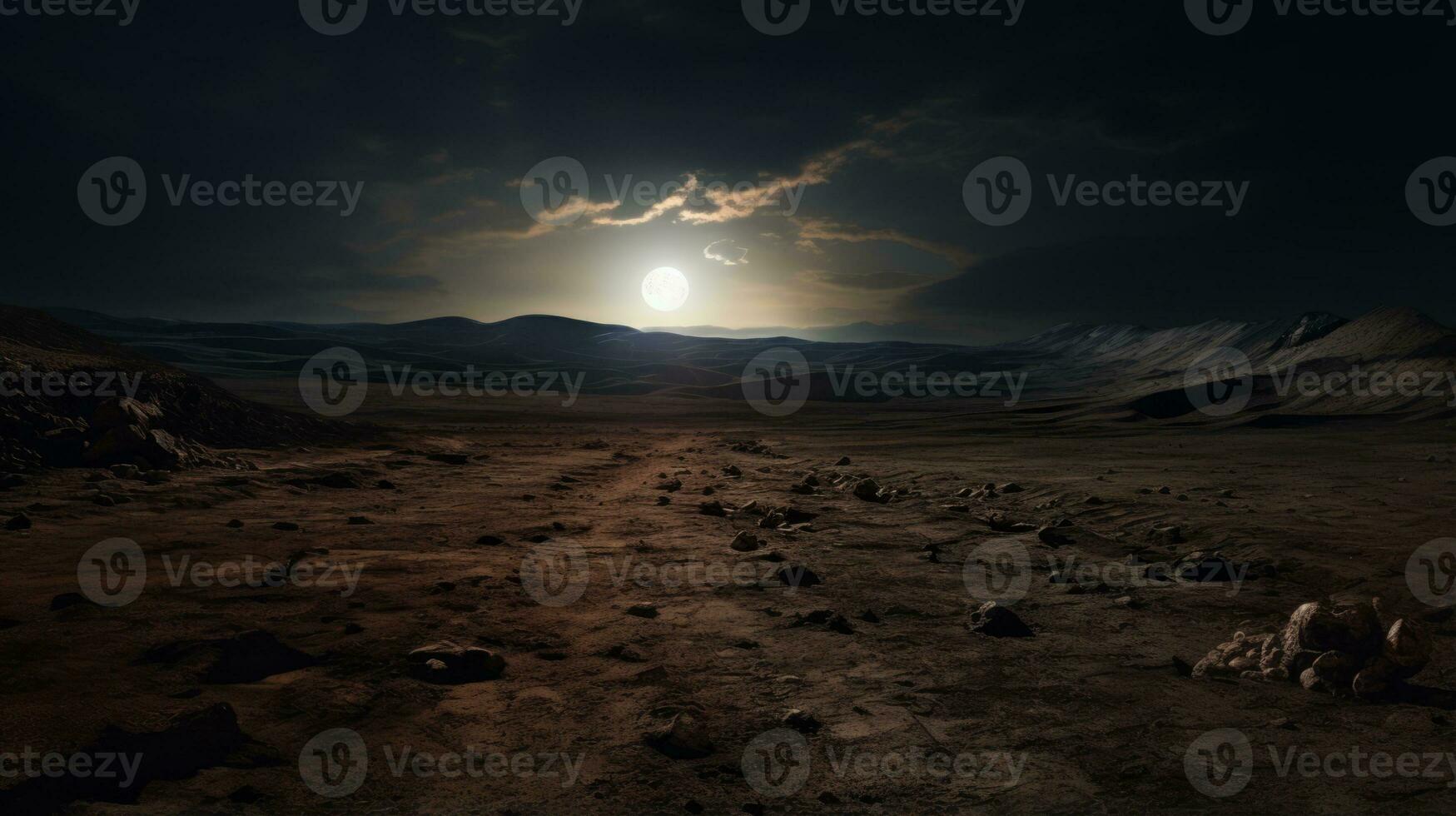Dirt road in the middle of a desert at night. Generative AI photo