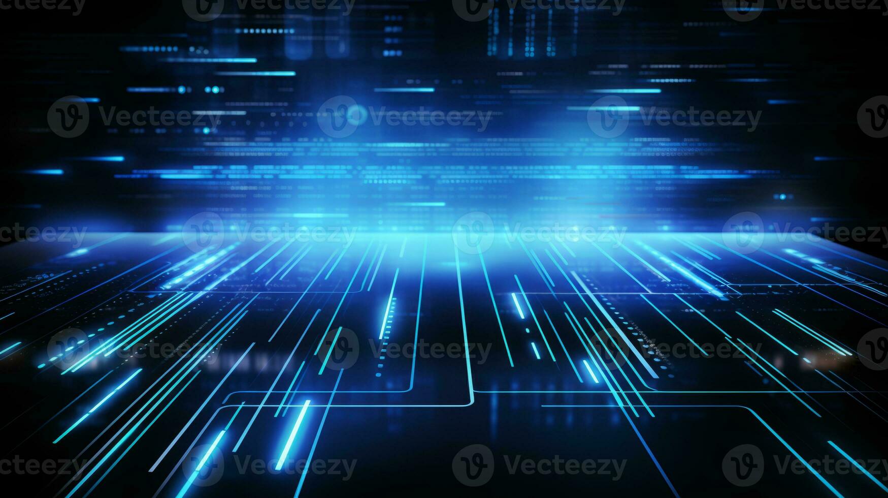 Dark background with blue lights and lines. Generative AI photo
