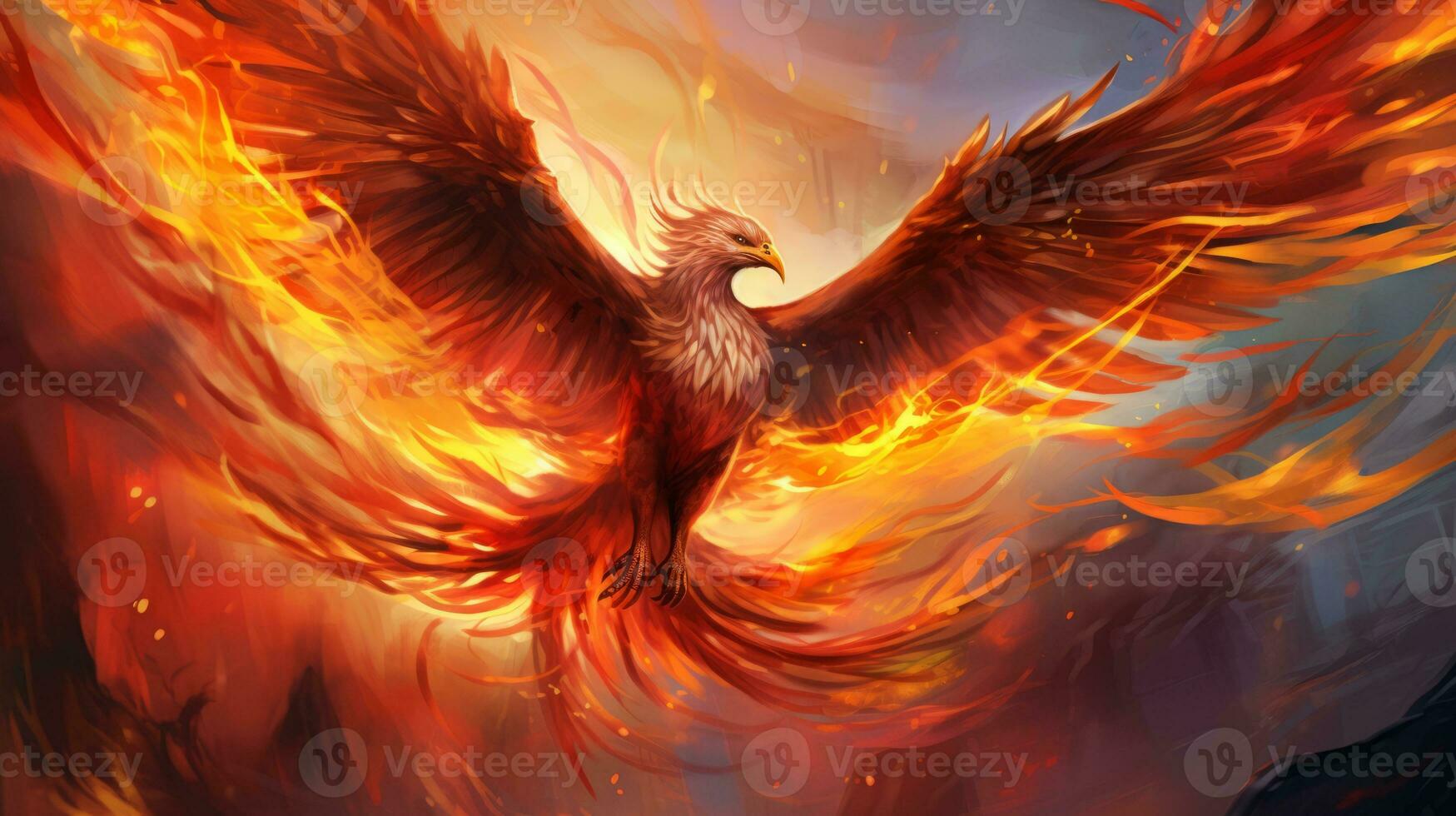 Flameheart Phoenix soars through a sky ablaze with color. Generative AI photo