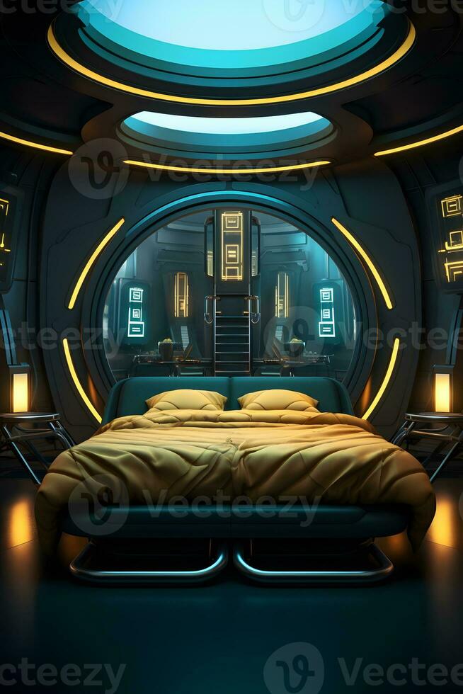 spaceship interior with a double bed inside photo