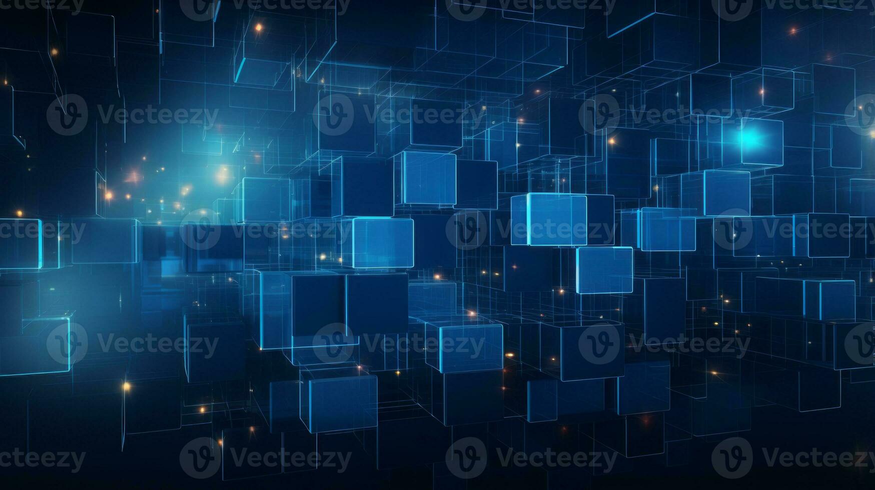 Blue abstract with cubes and lights. Generative AI photo