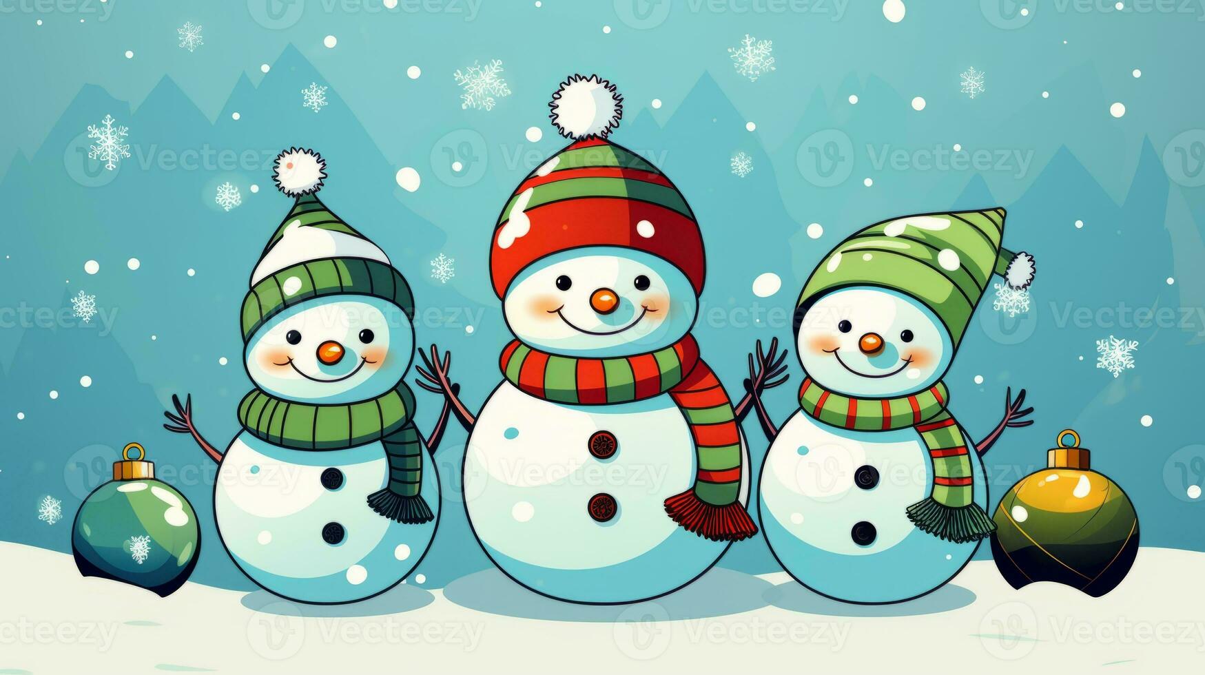 Cartoon style Yuletide artwork cute snowmen and ornaments.. Generative AI photo