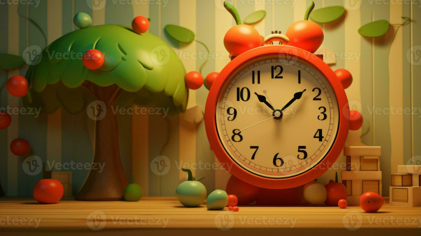 Apple themed clock scene. Generative AI photo