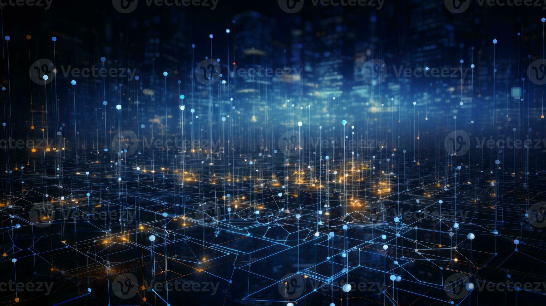 A blue and black background with a lot of lights. Generative AI photo