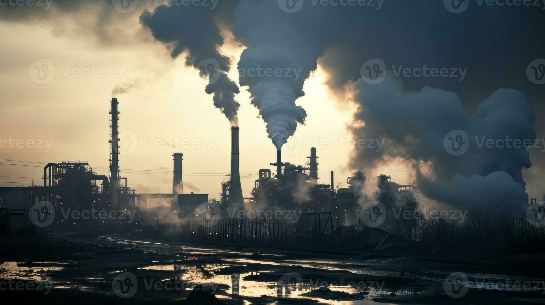 Polluted air in industrial area with factory smoke. Generative AI photo