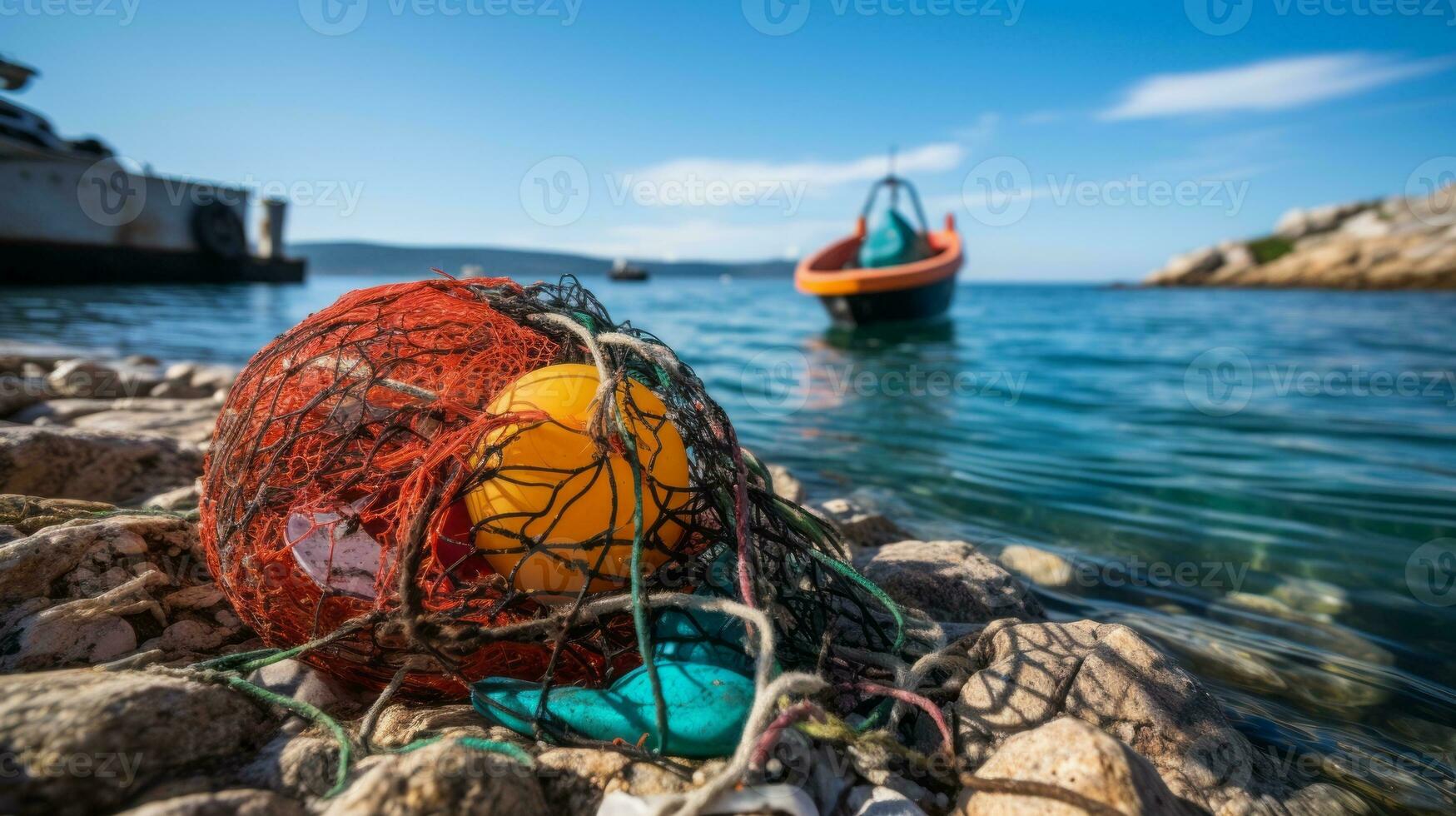 Littering in coastal town with discarded fishing gear. Generative