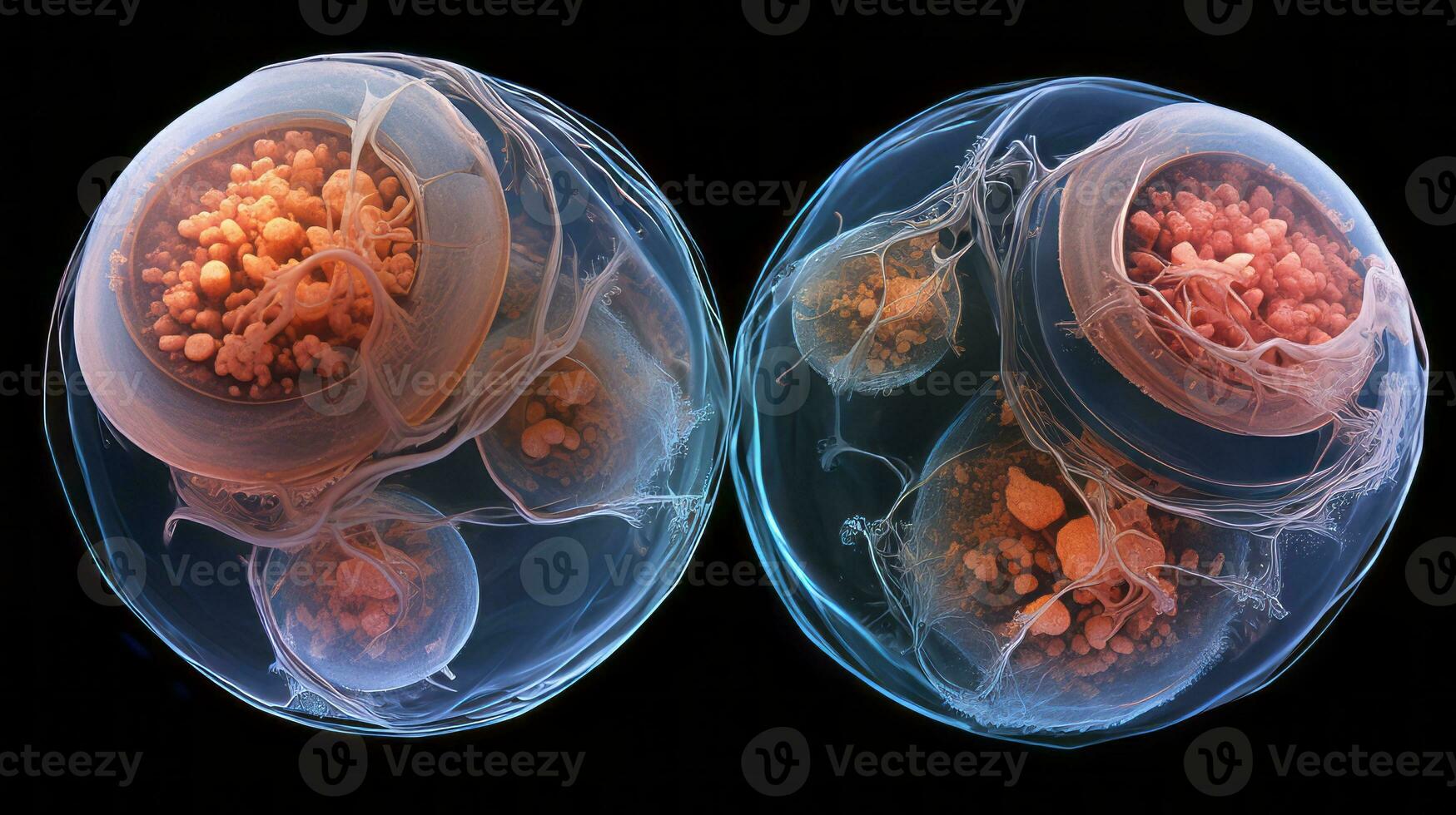 Mutated animal embryos under microscope. Generative AI photo