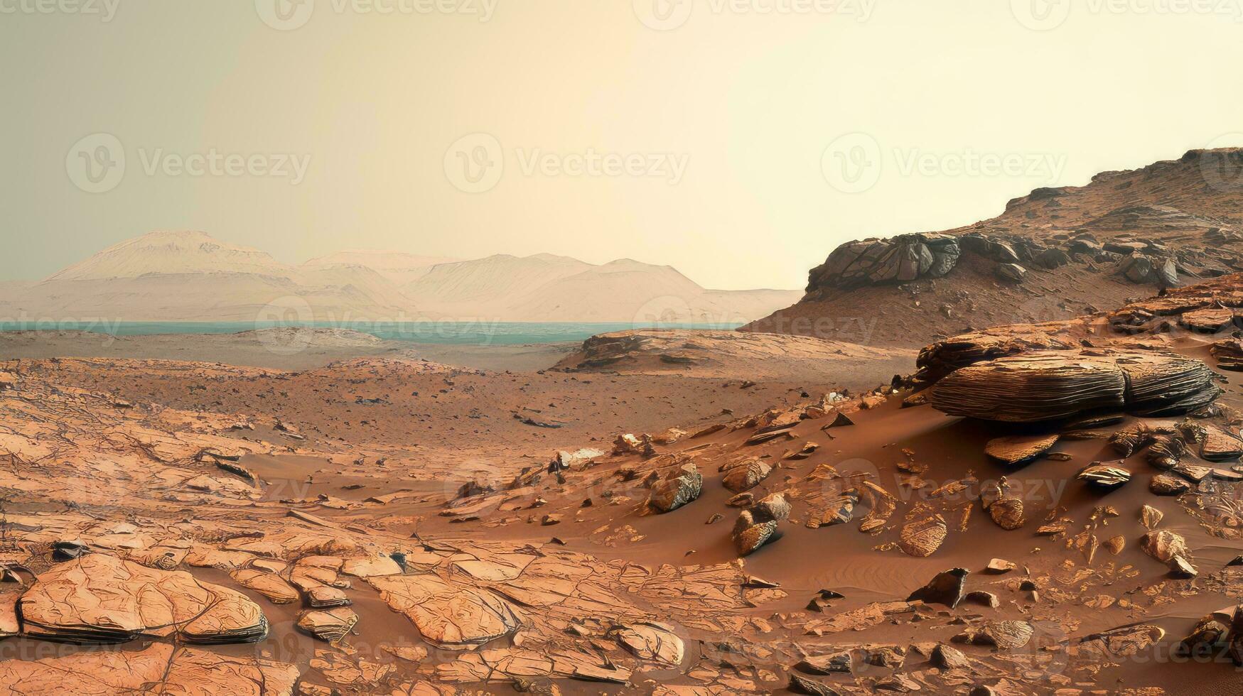 View of a rocky landscape with mountains in the background. Generative AI photo