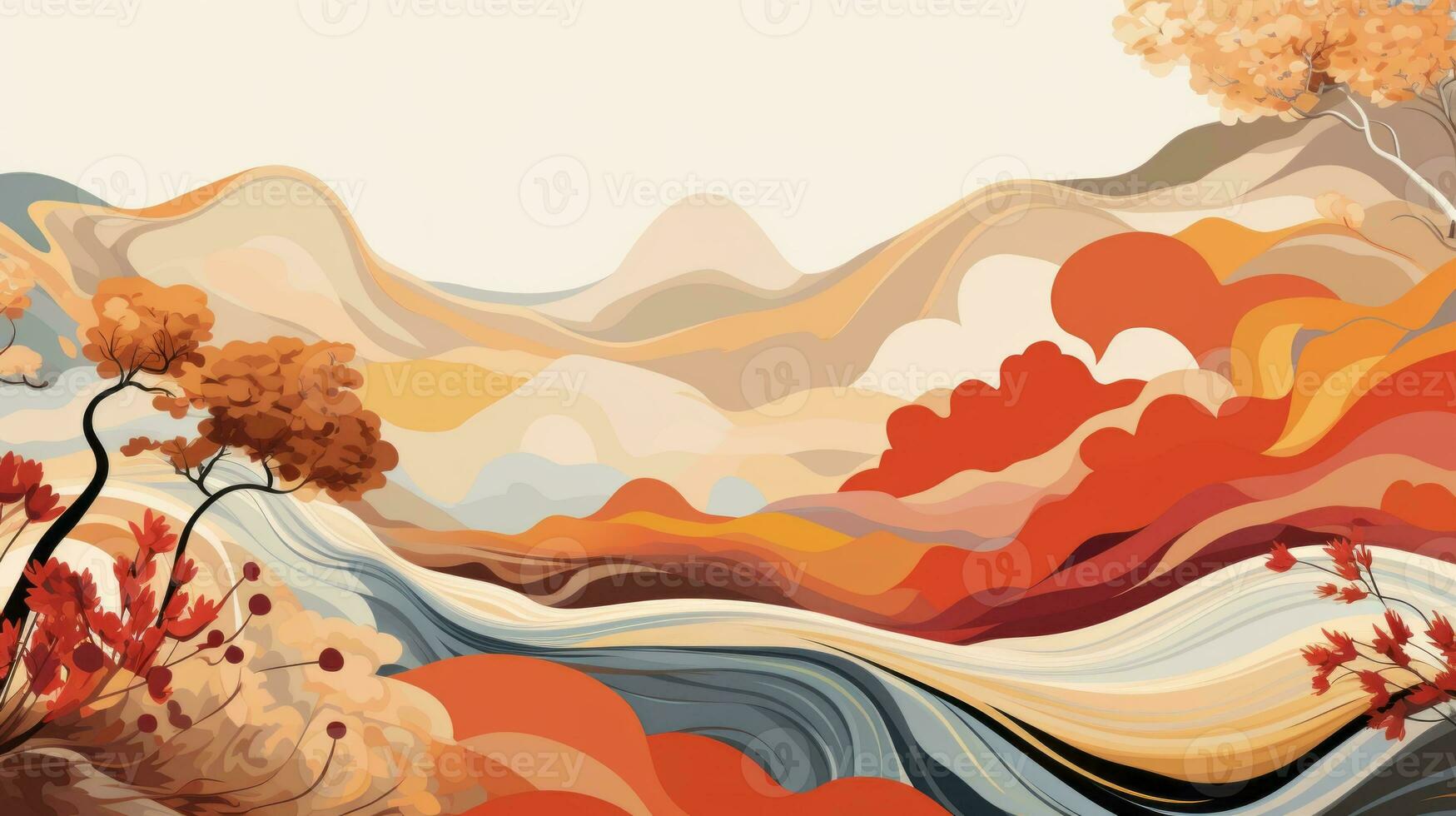 Expressive landscape pattern, a burst of organic shapes and colors. Generative AI photo