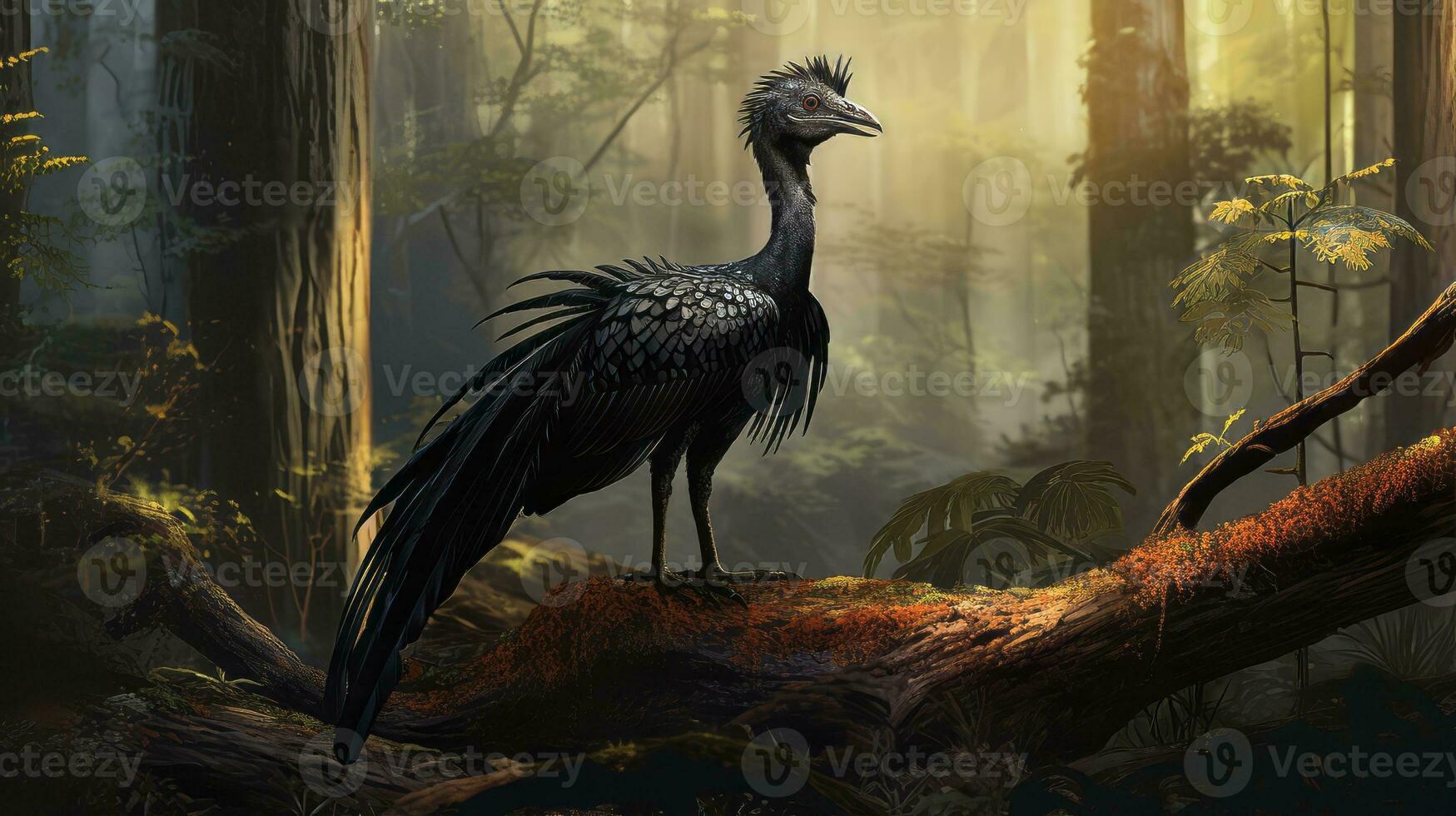 Artist's representation of Microraptor in forest. Generative AI photo