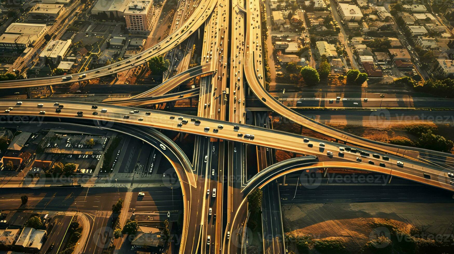 Aerial view of a highway intersection in a city. Generative AI photo