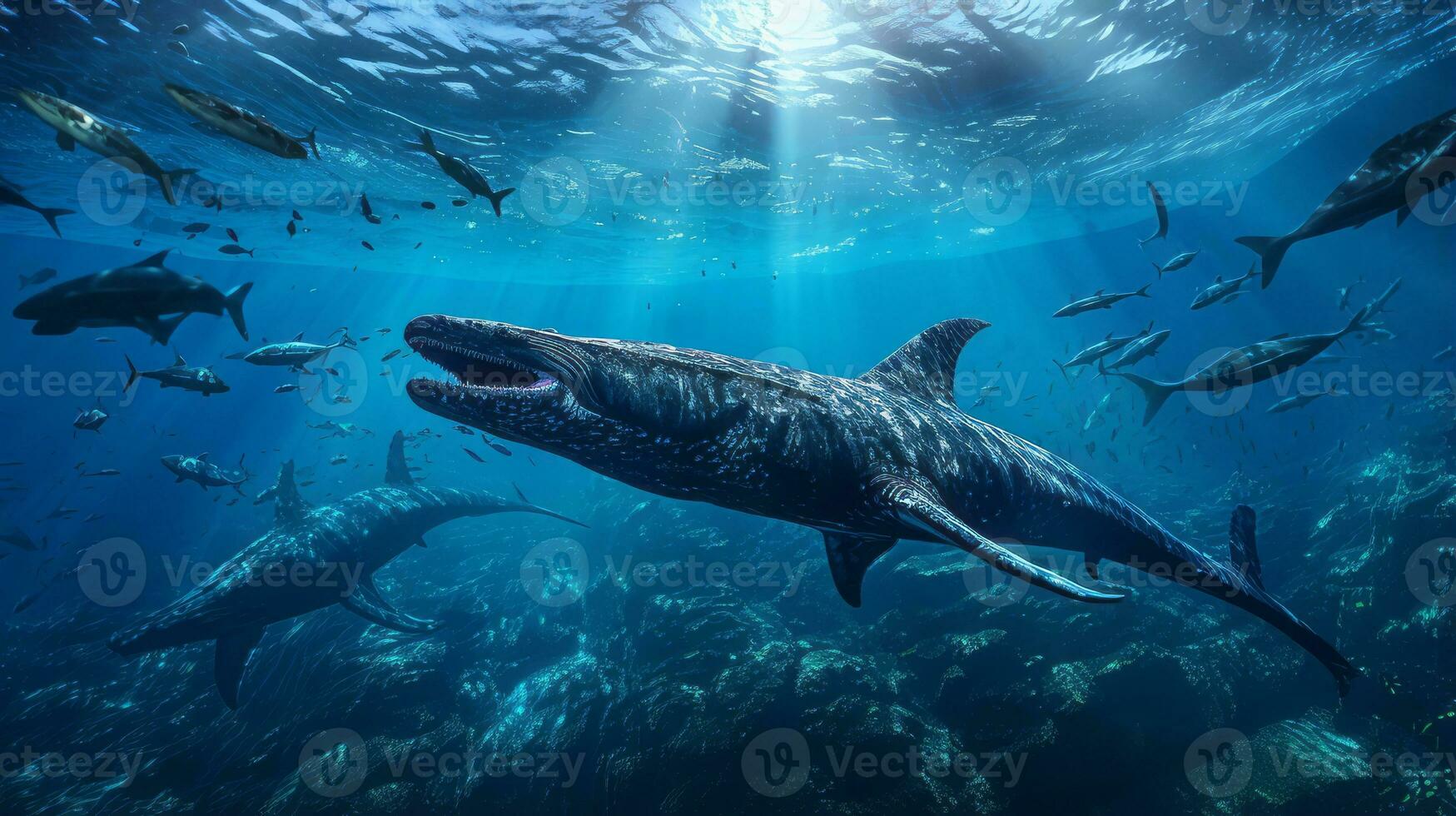 Ancient ocean with marine reptiles. Generative AI 30463233 Stock Photo