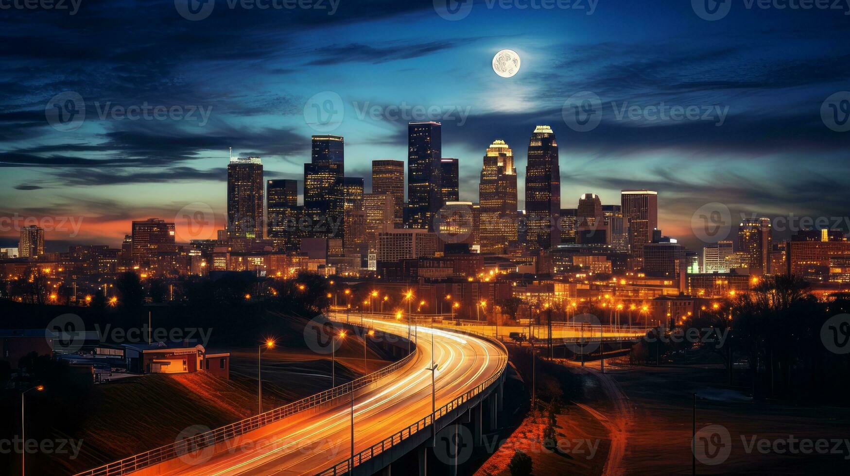 Time lapse moonrise city skyline. Generative AI photo