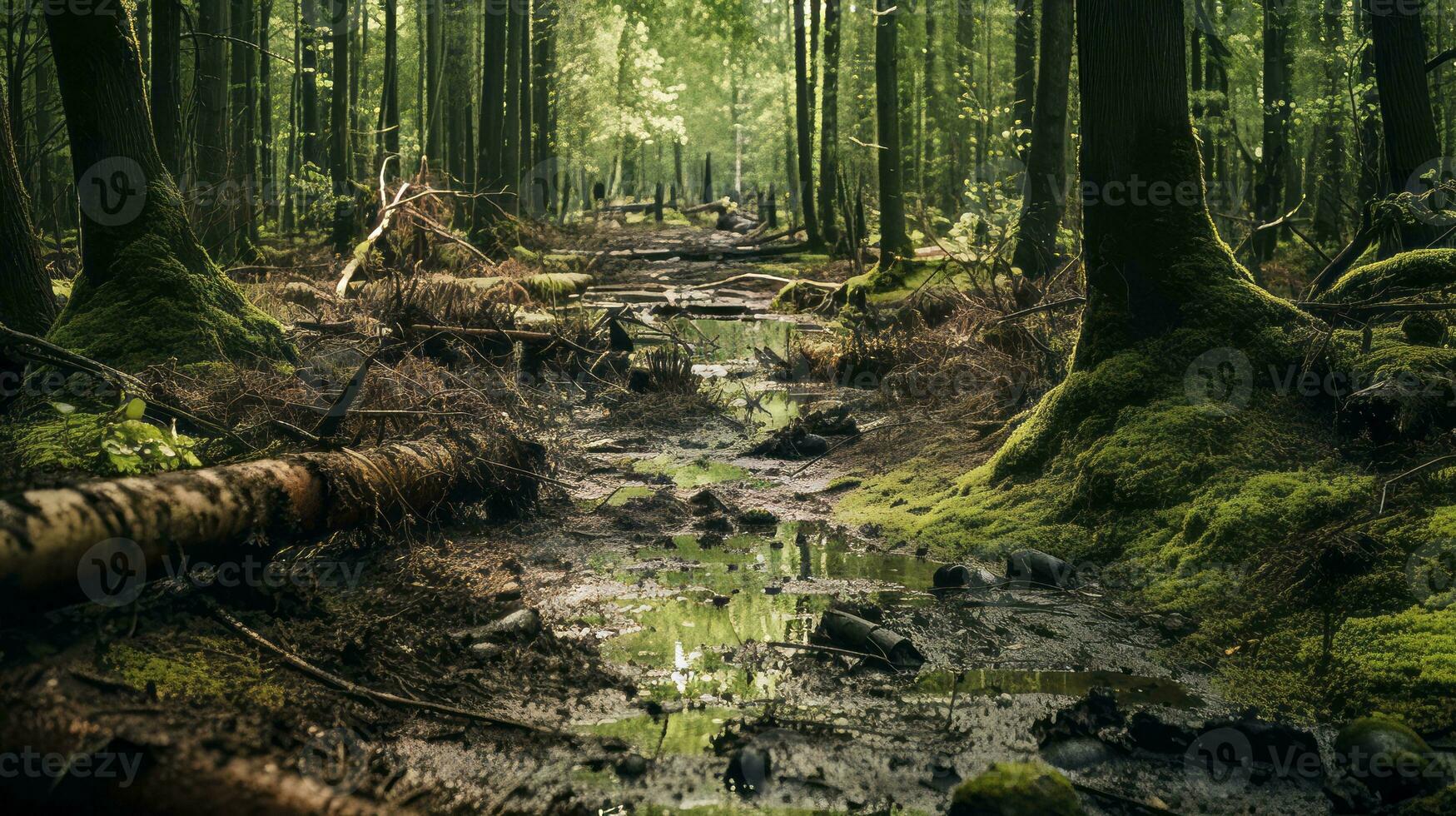 Polluted forest with trees dying from chemical exposure. Generative AI photo