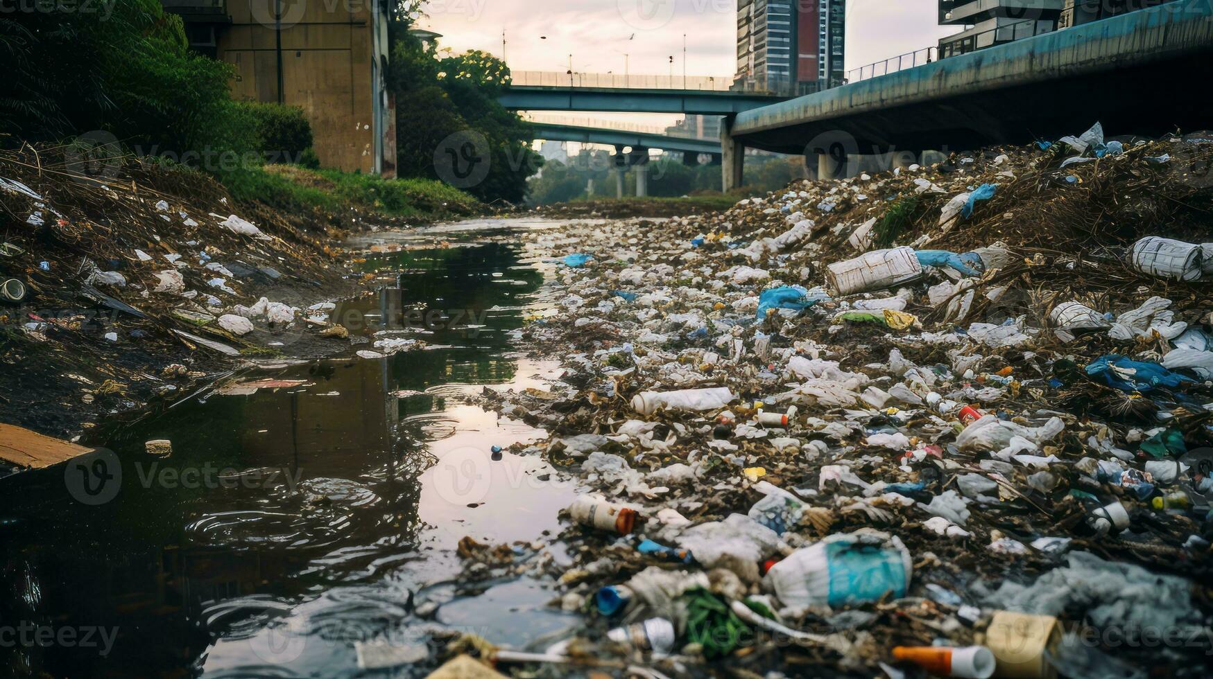 Polluted river with garbage and debris. Generative AI photo