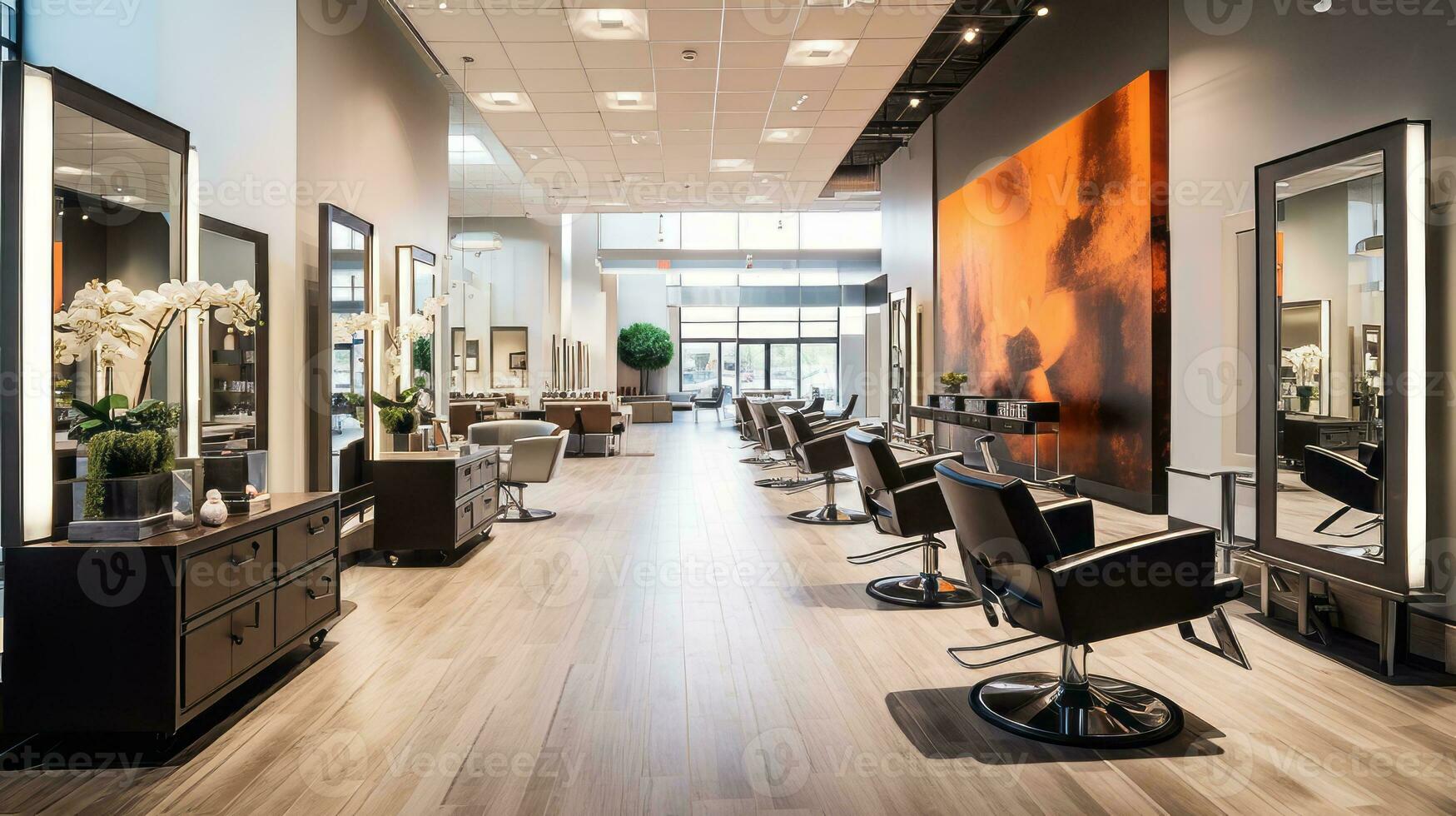 Hair salon's well-lit spacious interior. Generative AI photo