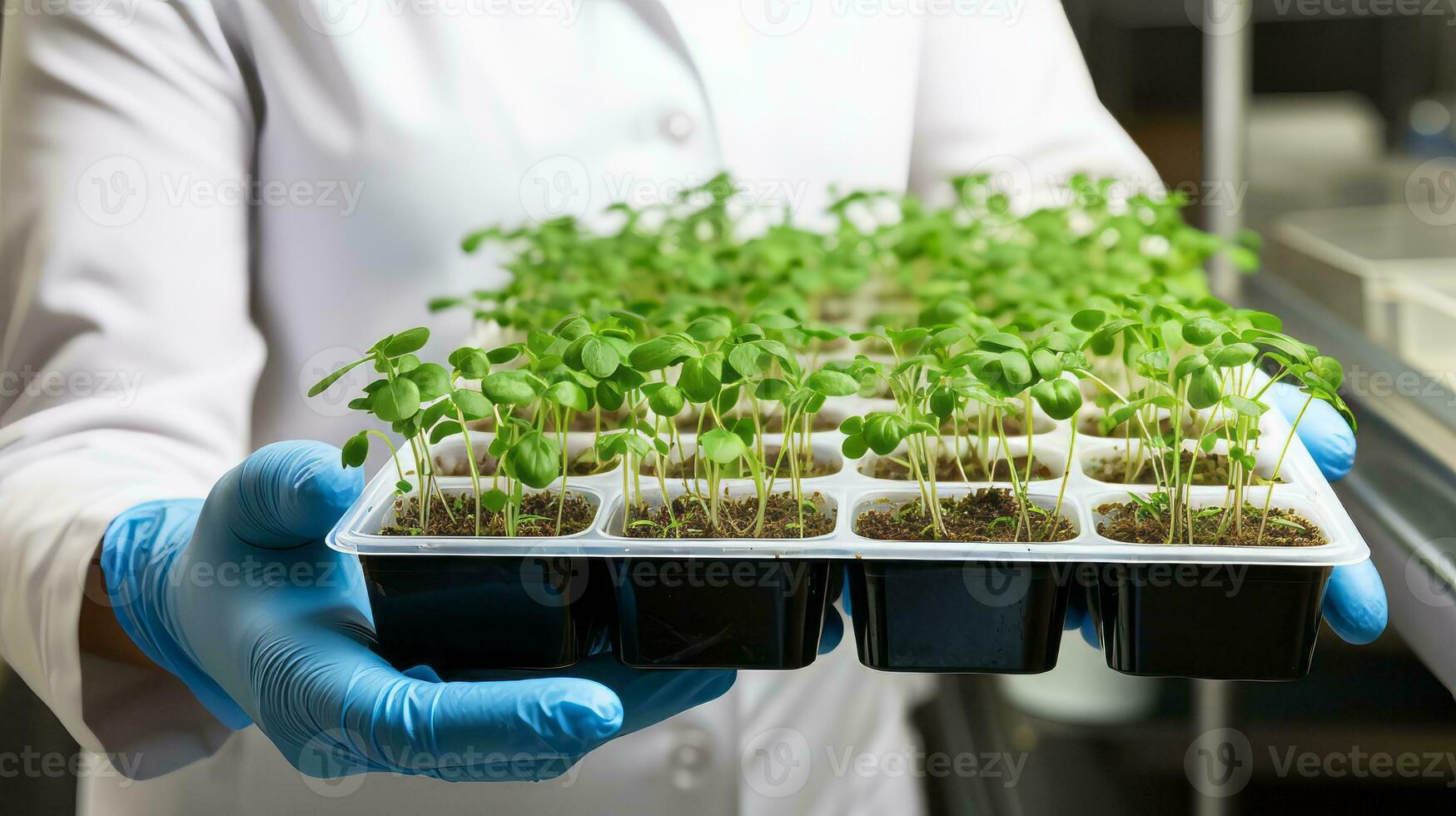Geneticist holding tray of mutated plant samples. Generative AI photo