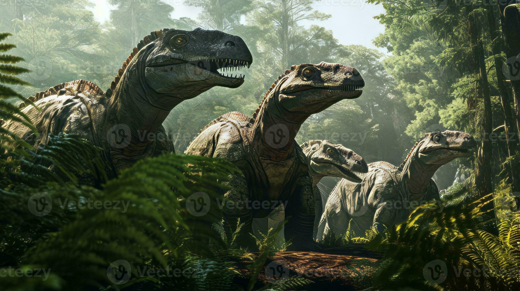 Iguanodon group browsing ferns in forest. Generative AI photo