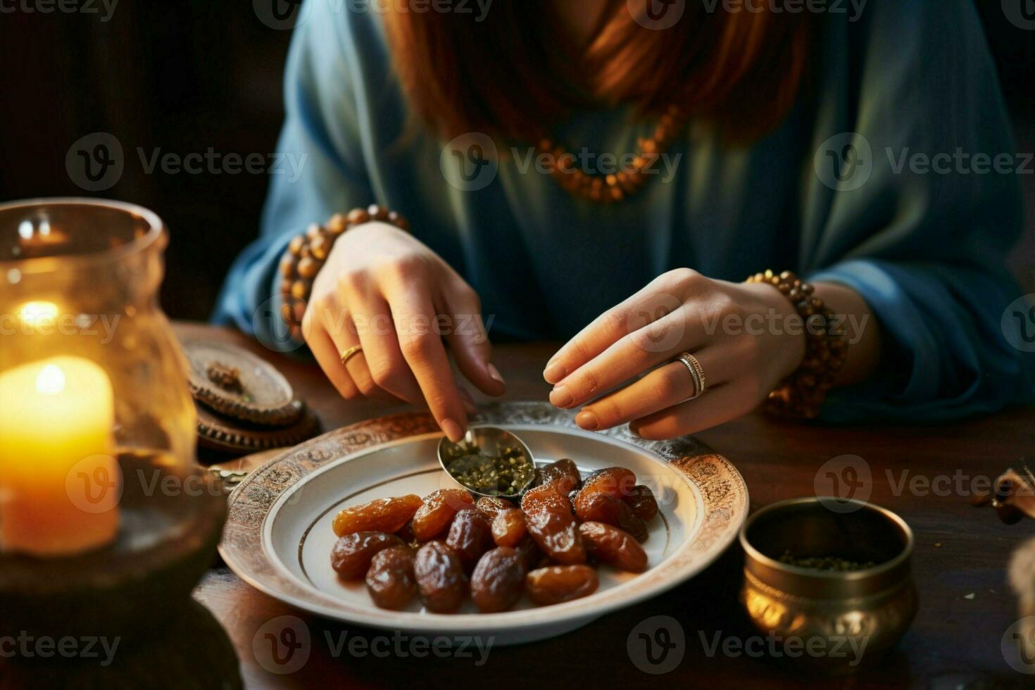 Traditional Muslim fasting A woman with dates, commencing her fast breaking ritual AI Generated photo