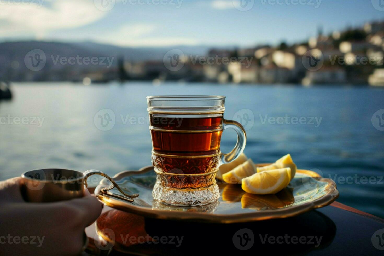 Fronting the Bosphorus Bay, a woman relishes her Turkish tea AI Generated photo