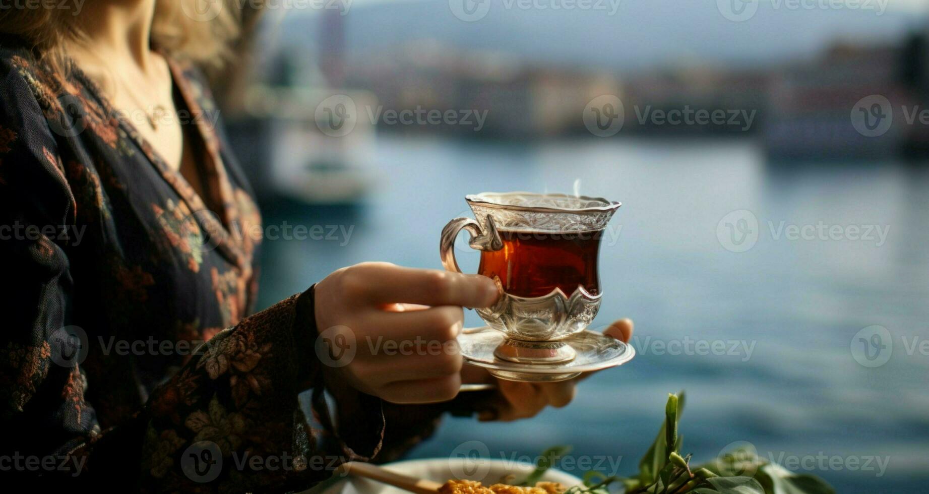 Fronting the Bosphorus Bay, a woman relishes her Turkish tea AI Generated photo