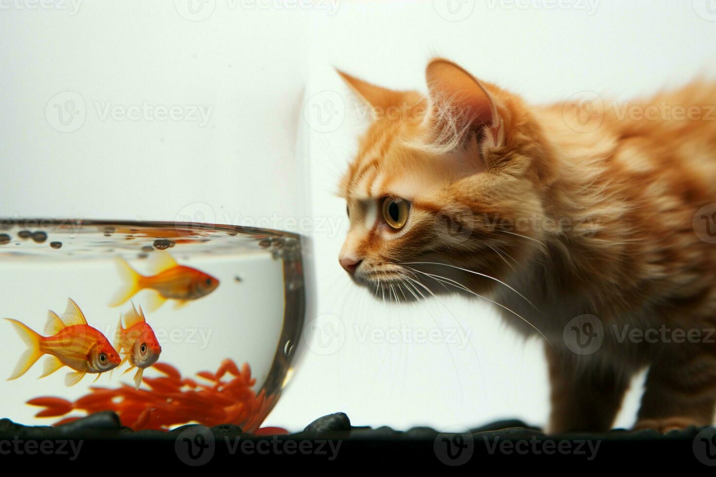 en un redondo acuario, un linda rojo gato juegos con un dorado decorativo pescado ai generado foto