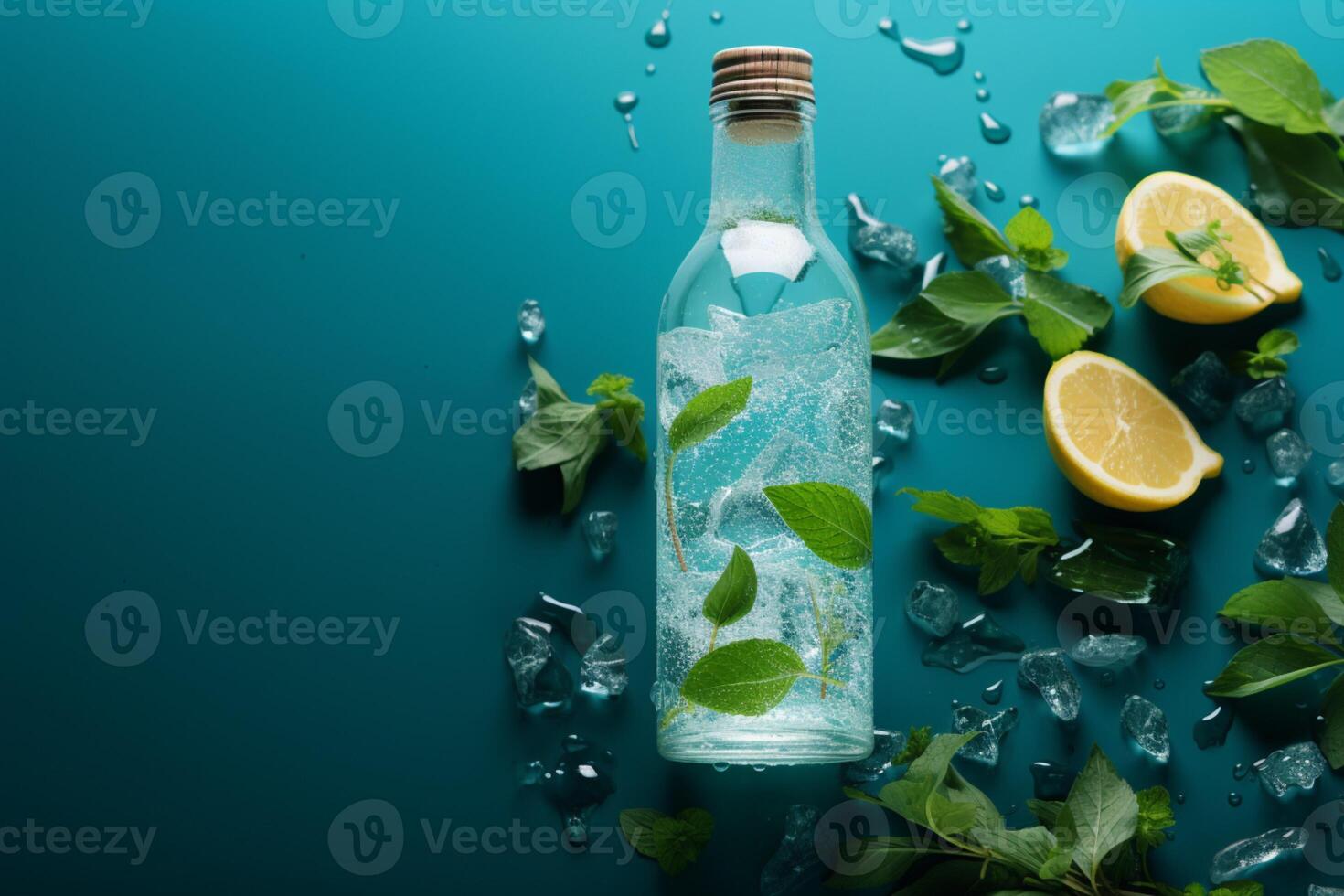 Hydration delight Bottled water paired with ice cubes and aromatic mint
