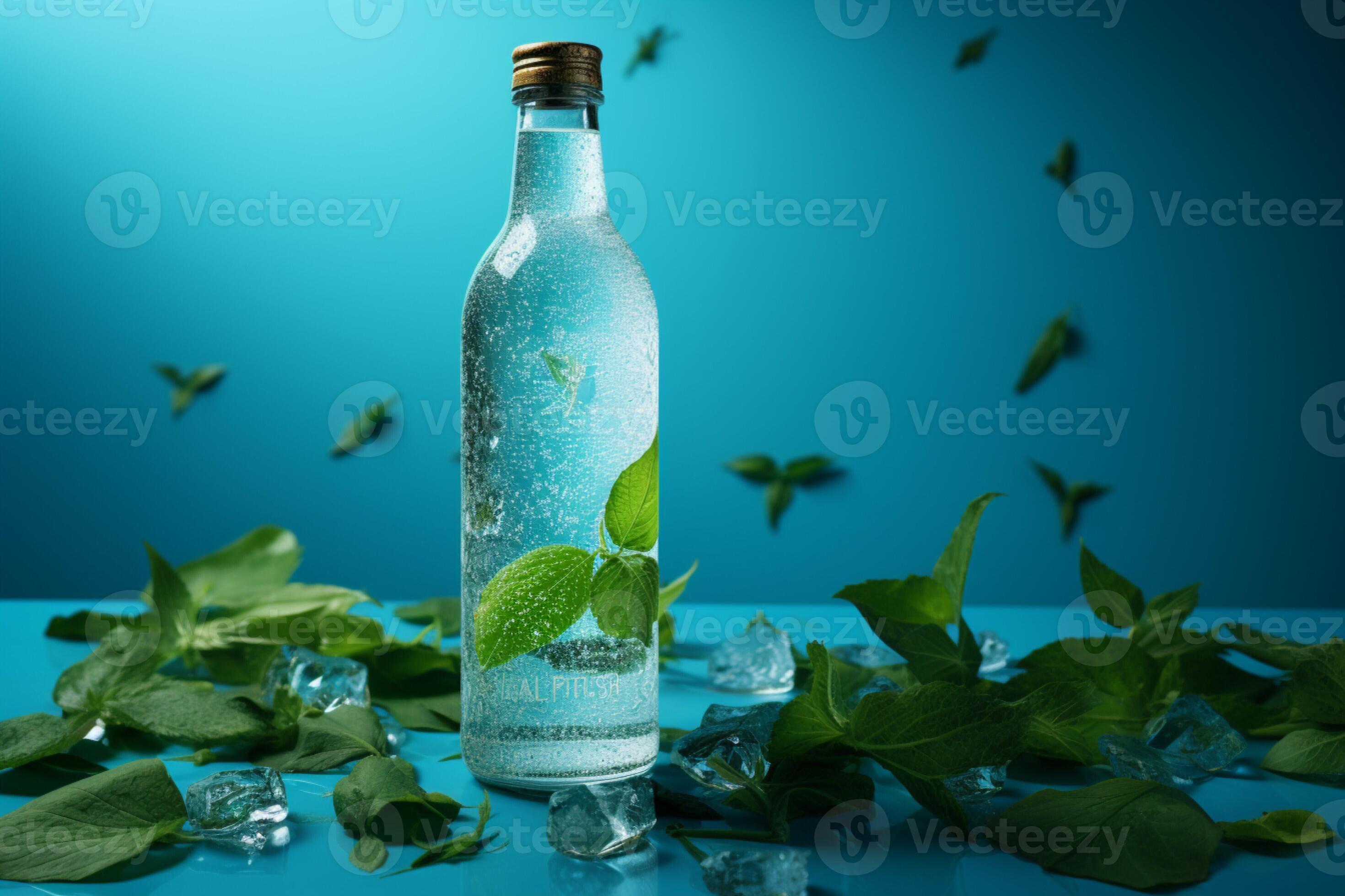 Hydration delight Bottled water paired with ice cubes and aromatic mint