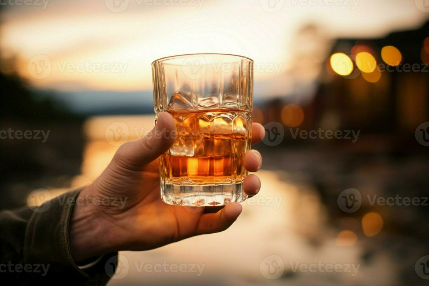 intrigante de cerca masculino mano firmemente sostiene un vaso de suave whisky ai generado foto
