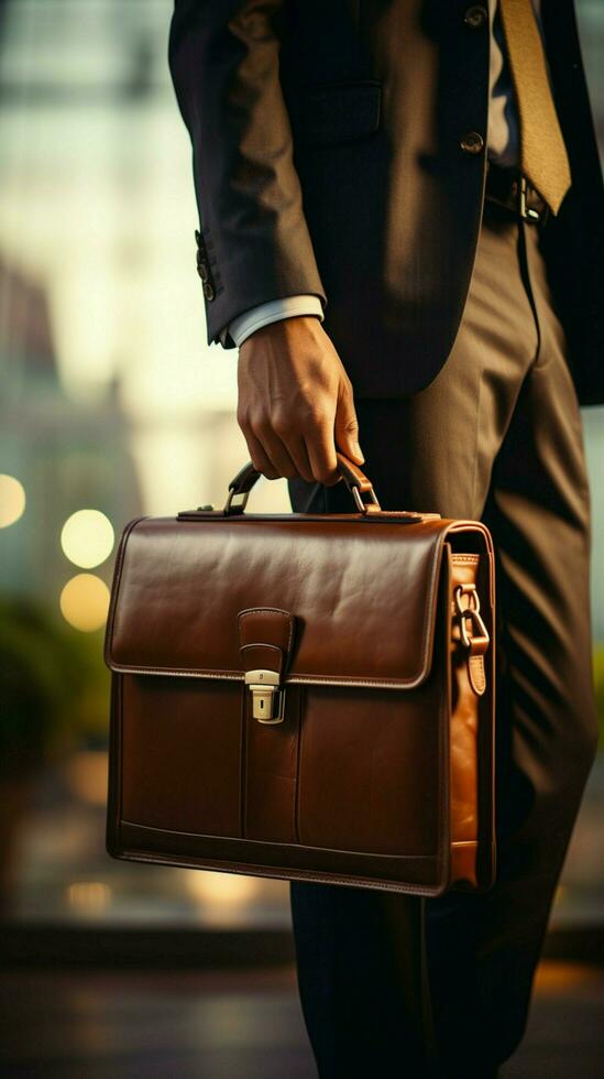 Detailed view of entrepreneurs hand firmly clasping elegant business briefcase Vertical Mobile Wallpaper AI Generated photo