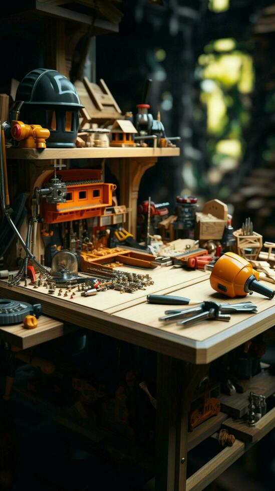 Detailed view of skilled carpenters workstation, a testament to craftsmanship and precision Vertical Mobile Wallpaper AI Generated photo