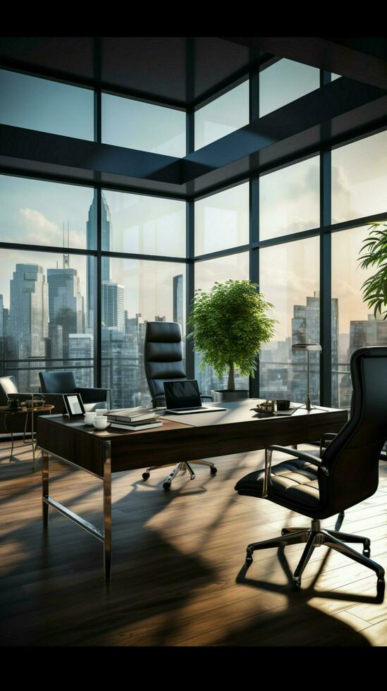 Executive positioned within spacious office, embodying business prowess and commanding presence Vertical Mobile Wallpaper AI Generated photo