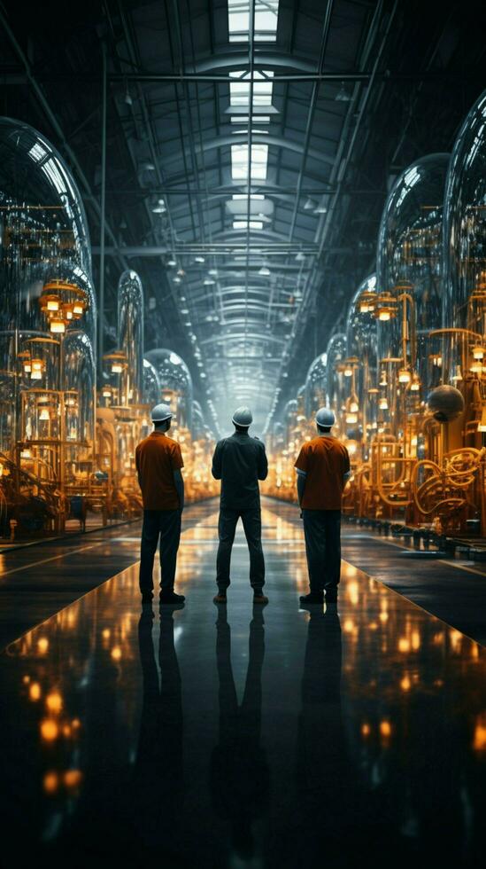 Factory workers converse, weaving connections as they walk through expansive production hall Vertical Mobile Wallpaper AI Generated photo