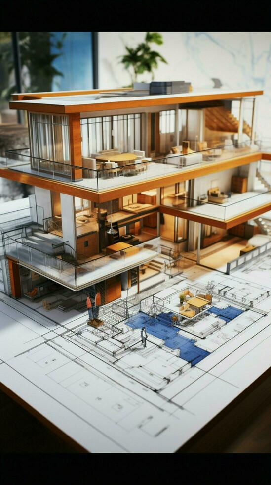 Focused on blueprint, translating concepts into precise architectural diagrams with expertise Vertical Mobile Wallpaper AI Generated photo