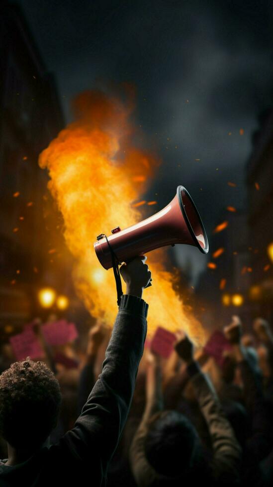 Hand wields megaphone, projecting fervent message in the heart of protest action Vertical Mobile Wallpaper AI Generated photo