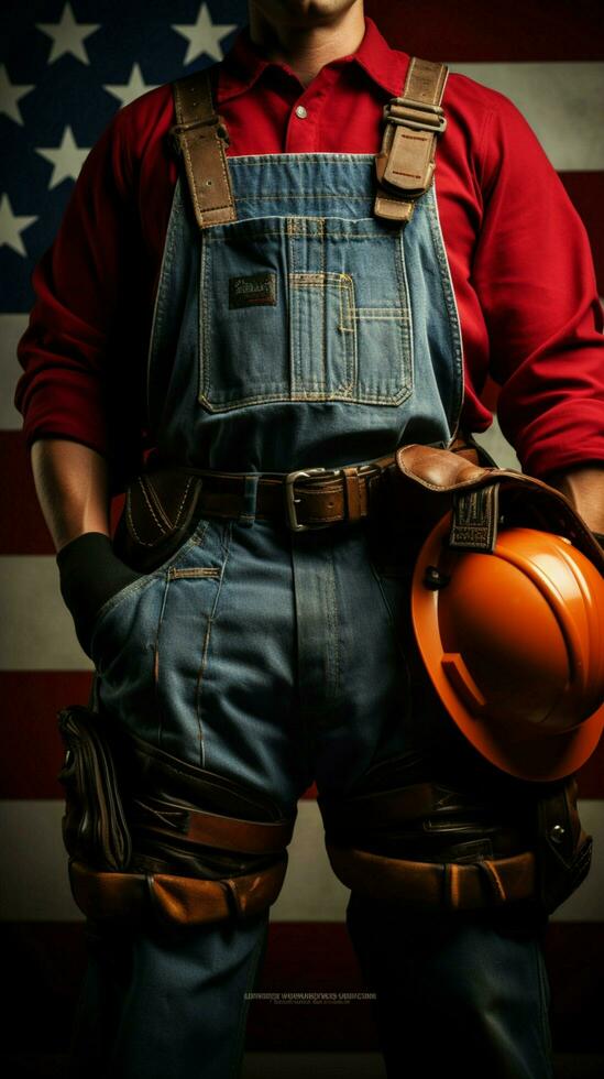 Labor Day mockup Gloved laborer, toolbelt, measure on US flag backdrop exudes dedication Vertical Mobile Wallpaper AI Generated photo