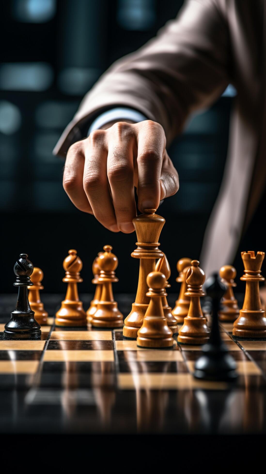 Selective focus Mans hand in chess play, metaphorically guiding strategic  business decisions Vertical Mobile Wallpaper AI Generated 30463882 Stock  Photo at Vecteezy